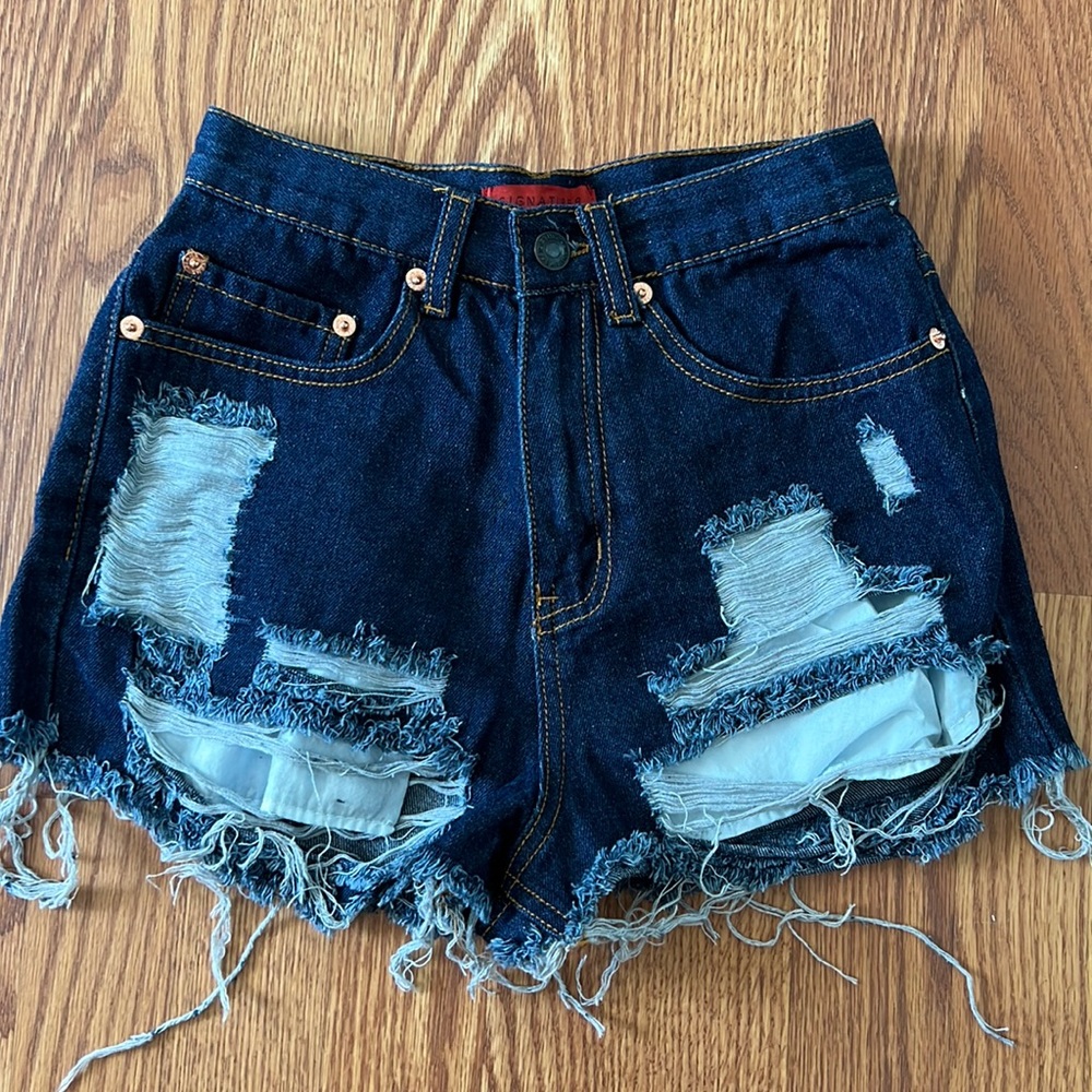 Dark Distressed High Waisted Jean Shorts